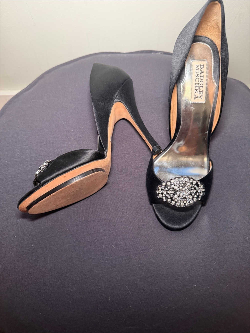 Badgley Mischka Black Satin Peep-Toe Heels with Crystal Brooch - Picture 2 of 3